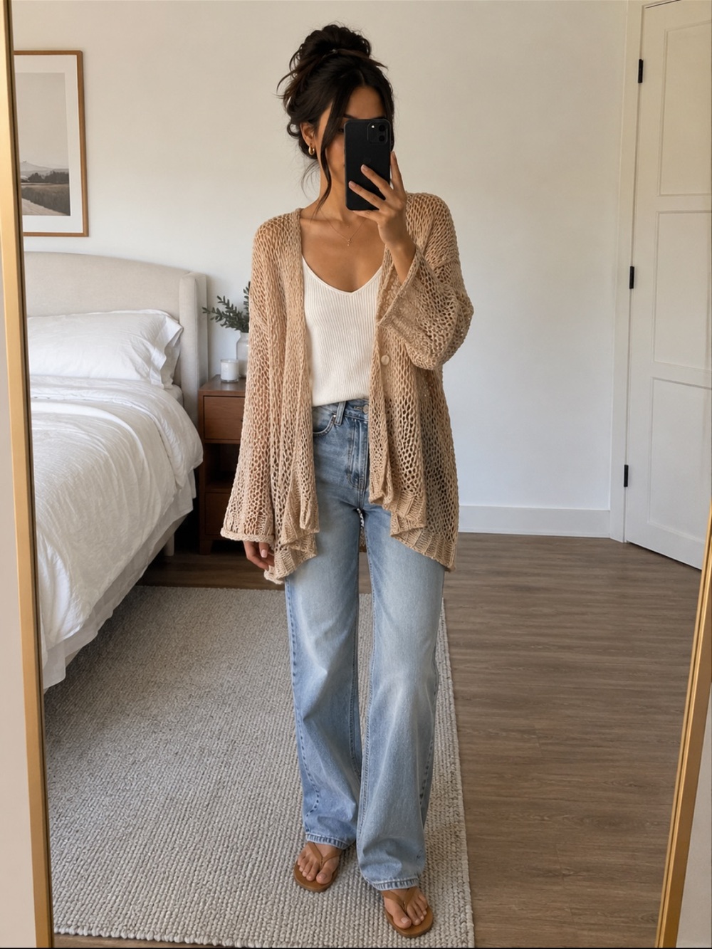 Free People Beige Crochet Knit Bell Sleeve Cardigan